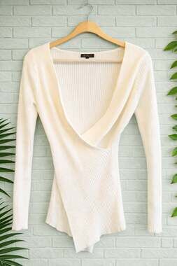 Qualfort Women's Ribbed Knit V-Neck Faux Wrap Long Sleeve Bodysuit
